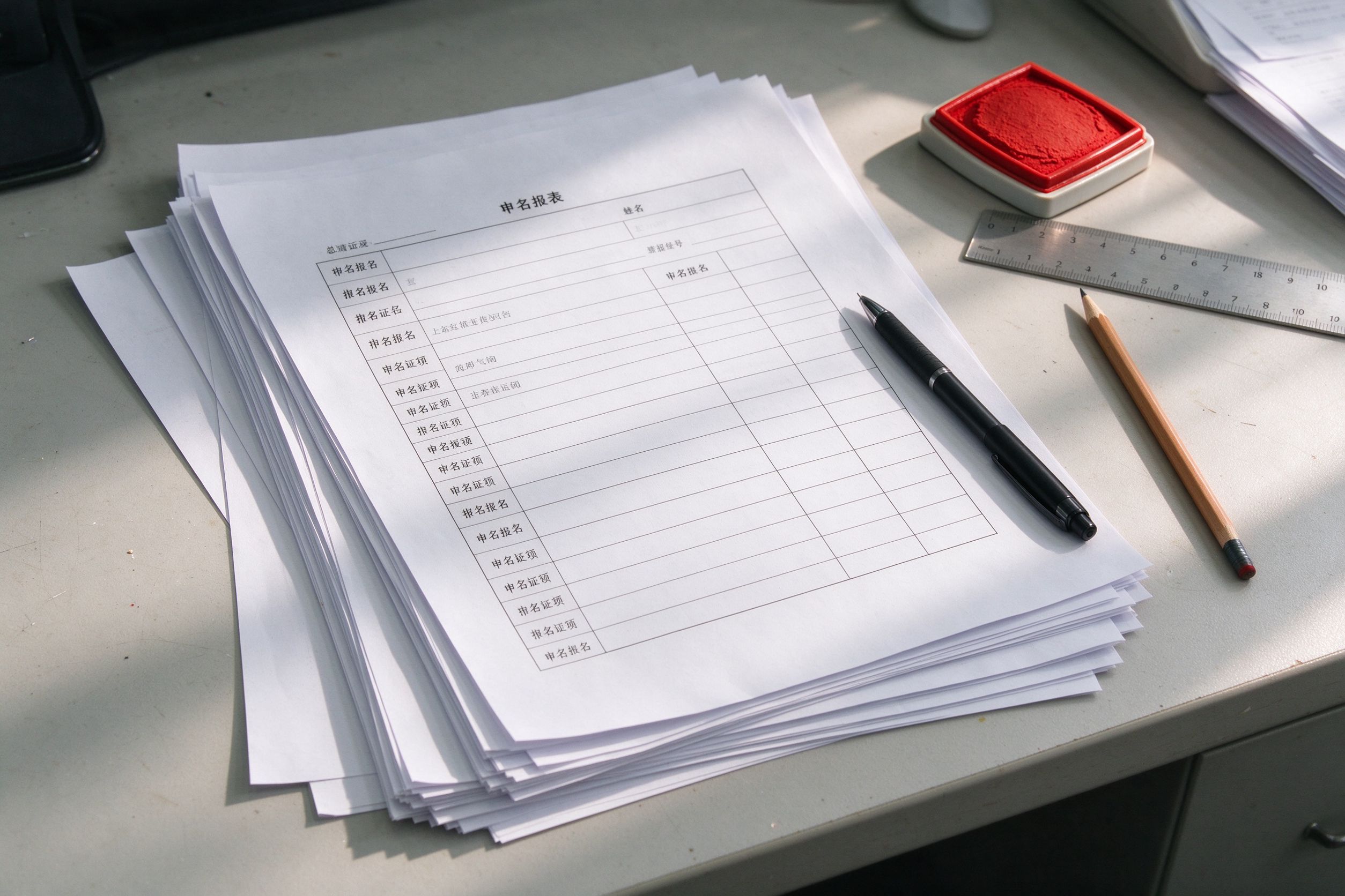 桌面上整理好的报名材料